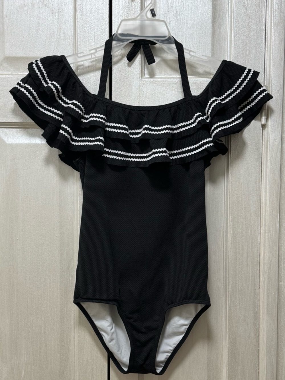 Janie and Jack Girls 16 Black /White Ruffle Ric Rac Trim Swimsuit One Piece